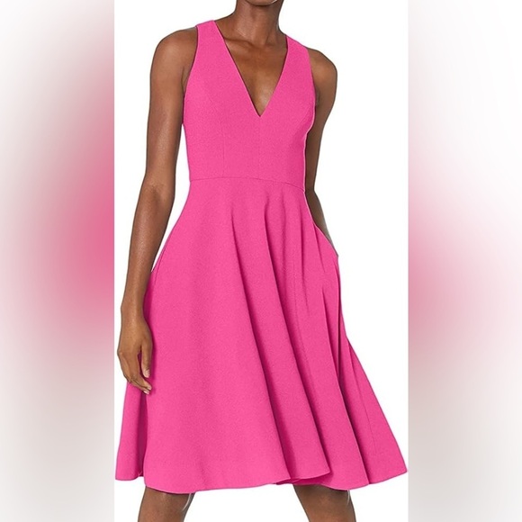 Dress The Population NWT Catalina Dress Bright Fuchsia VNeck Fit & Flare Midi S - Picture 13 of 16